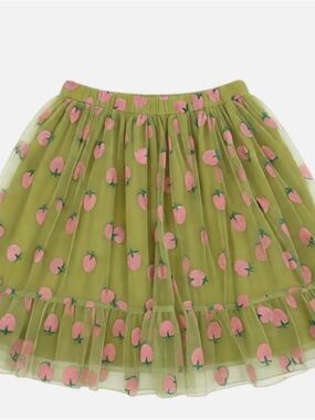 Green Tulle Skirt with Pink Strawberry Embroidery